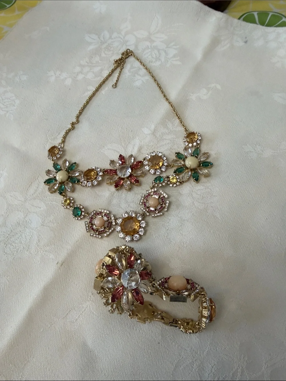 Gold Multicolor Floral Statement Necklace and Bracelet Set